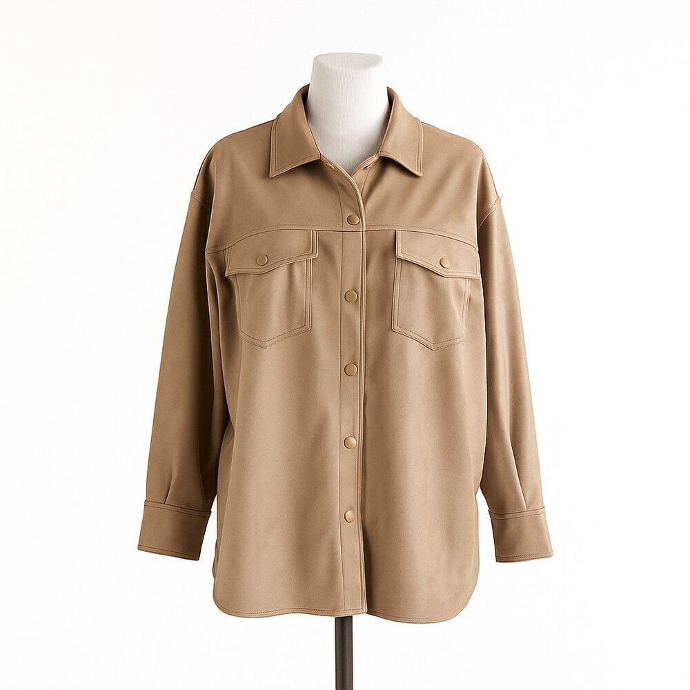 Tahari Faux Leather Snap Front Shirt Jacket Taupe Size 1X New